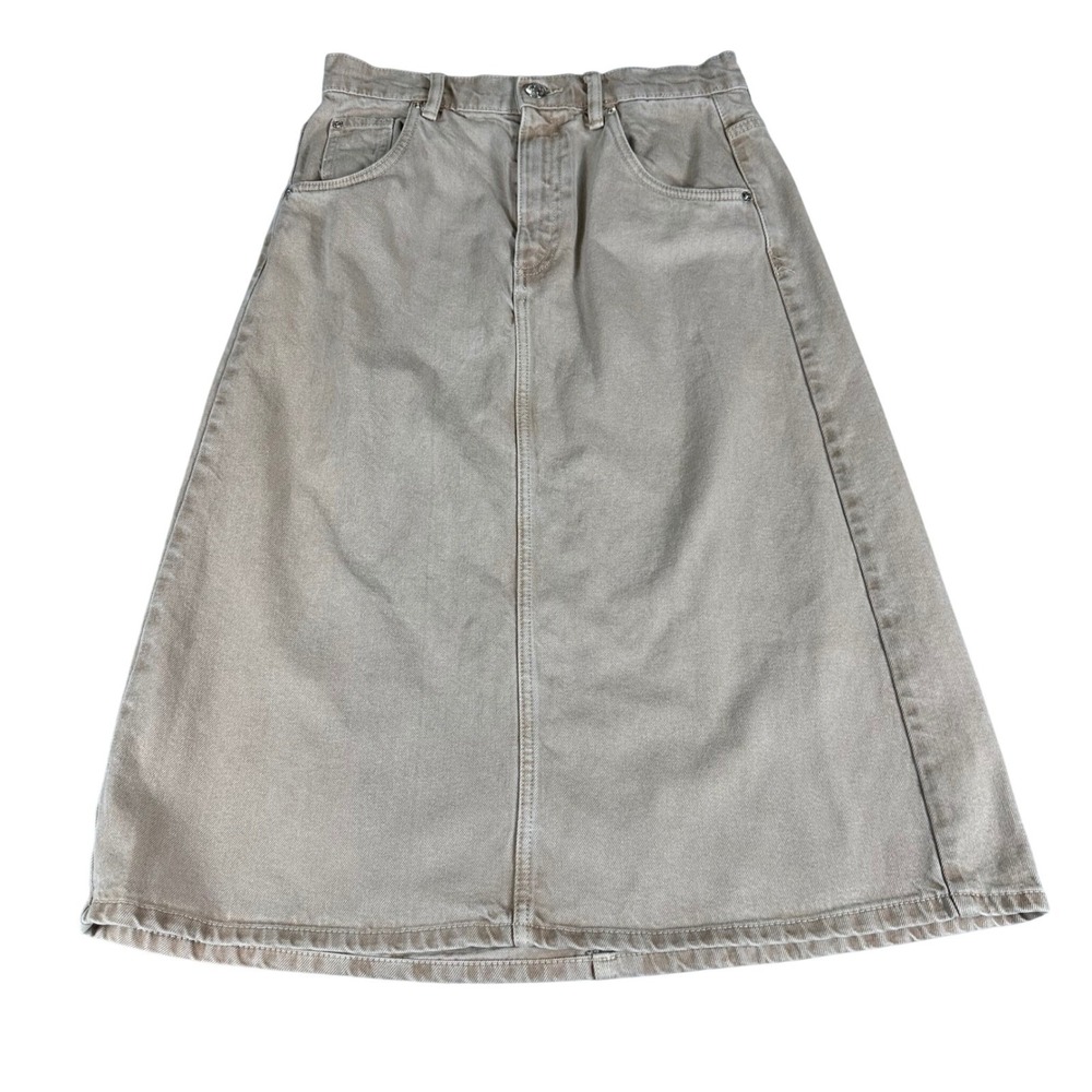 Zara Denim Skirt Women M Tan Minimalist Neutral Earthy Utility‎ Gorpcore Midi